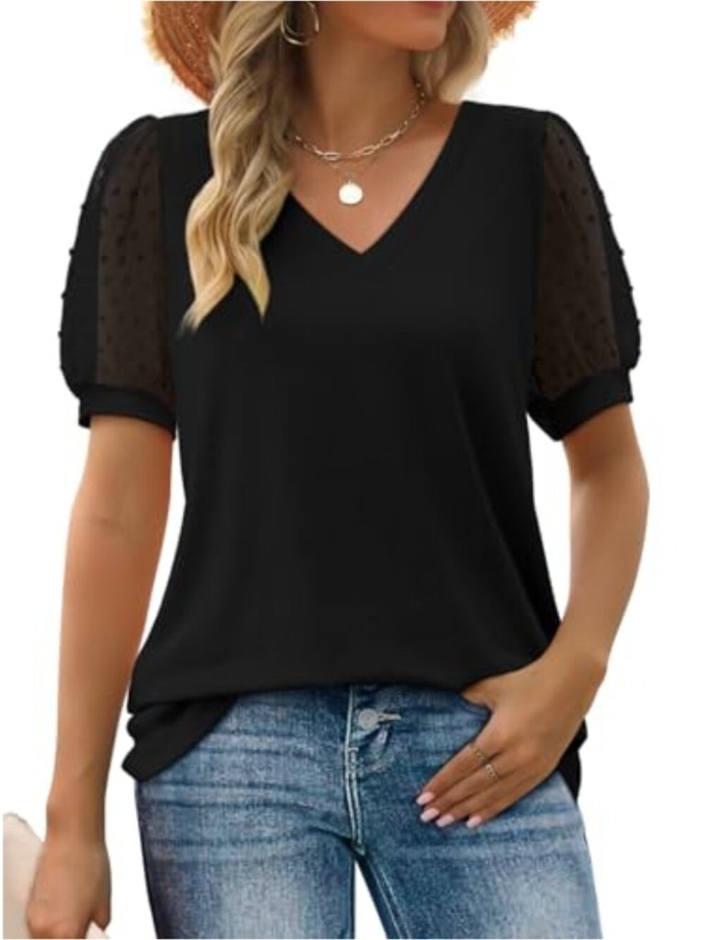 Women's Summer T-Shirt Loose Casual V-Neck Swiss Dot Puff Sleeve Tee